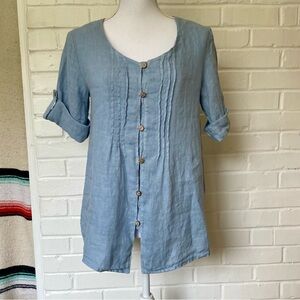 Lungo L'Arno Top Womens Size M Blue 100% Linen Shirt Pintuck Eyelet Detail